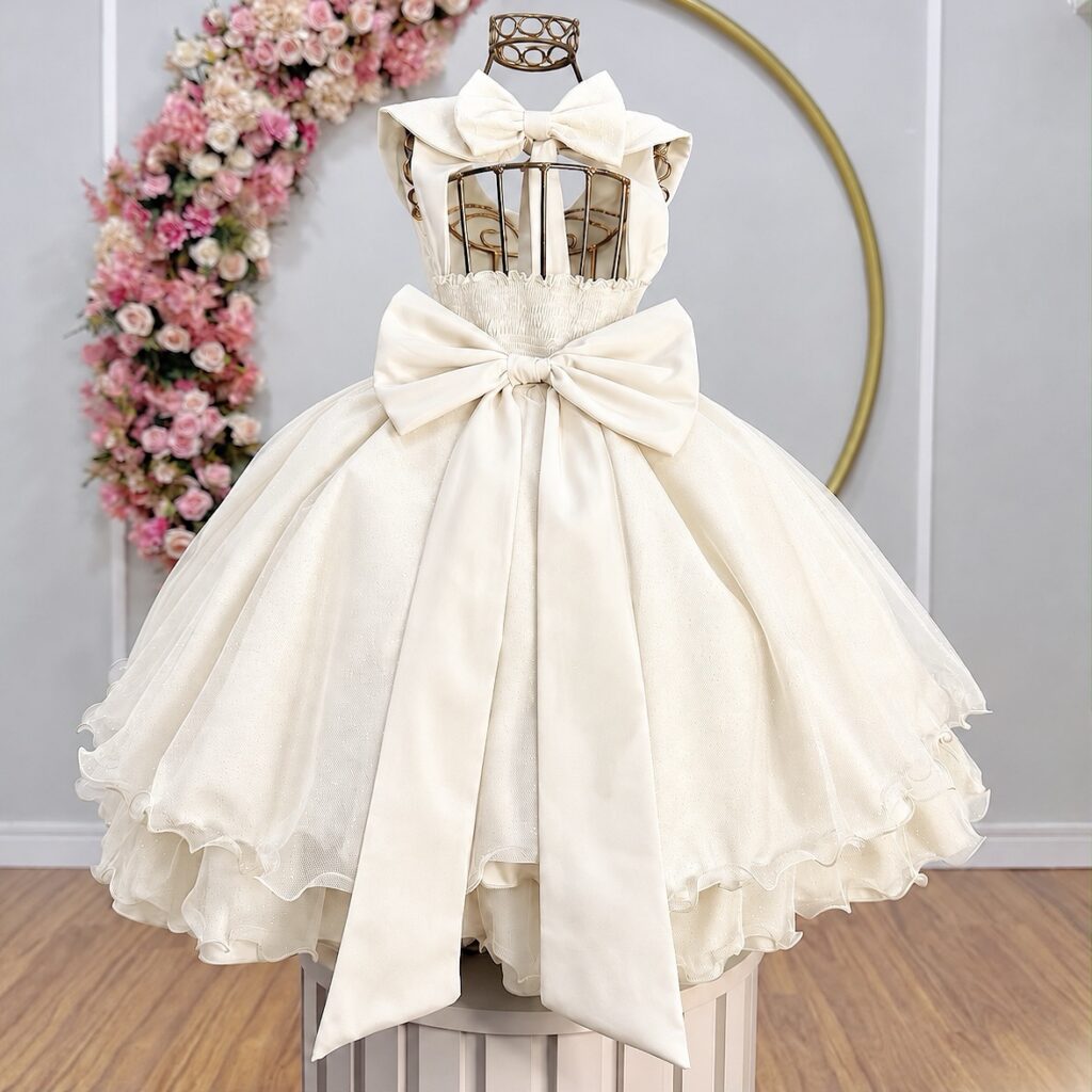 Vestido Infantil Festa Off White Gola Boneca Glitter Pérolas