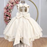 Vestido Infantil Festa Off White Gola Boneca Glitter Pérolas
