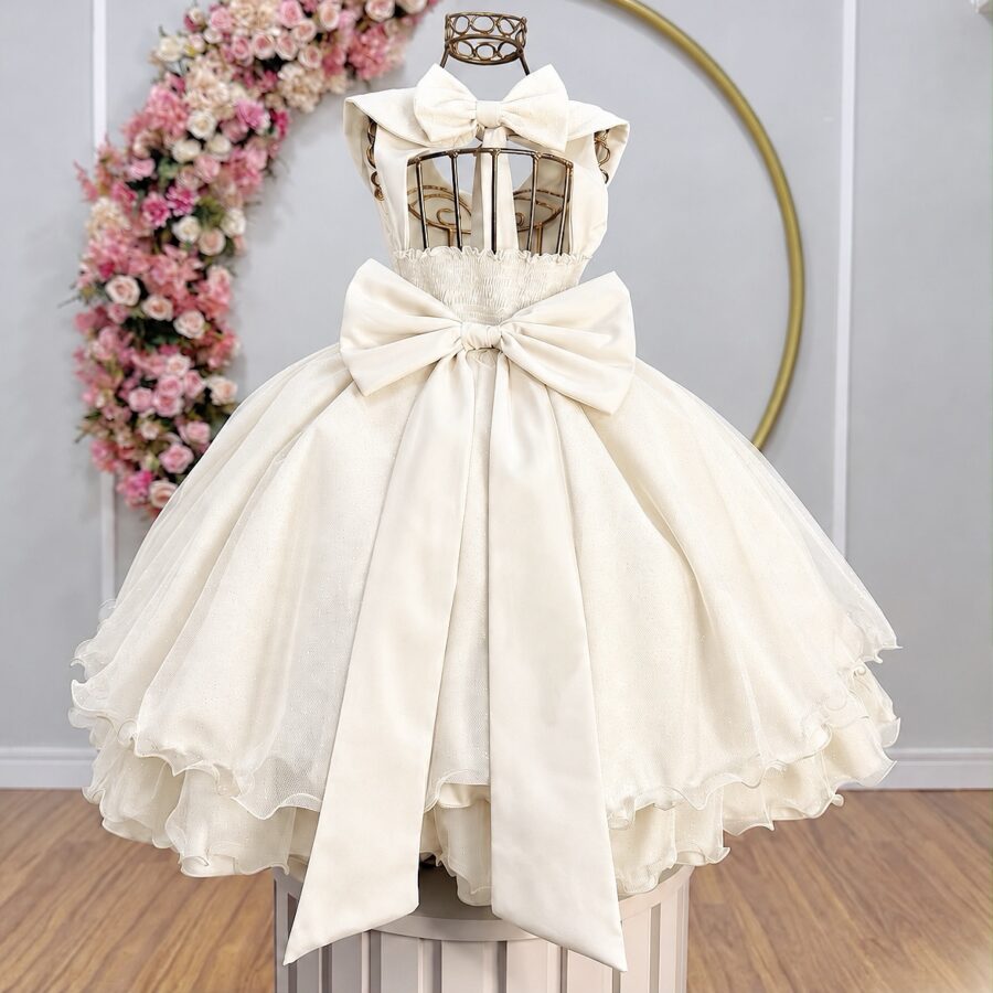 Vestido Infantil Festa Off White Gola Boneca Glitter Pérolas