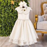 Vestido Infantil Festa Off White Gola Boneca Glitter Pérolas