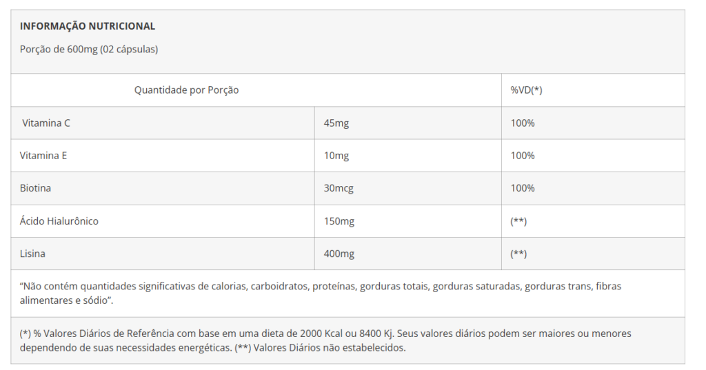 Ácido Hialurônico Biotina Lisina Vitamina C e E 60 Cápsulas