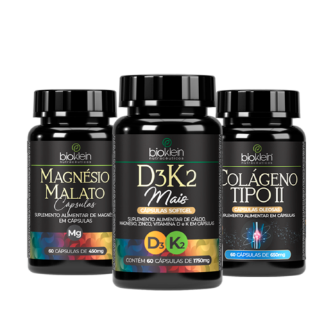 Kit Ossos e Dentes - Vitamina D3K2 | Colágeno Tipo II | Magnésio Malato