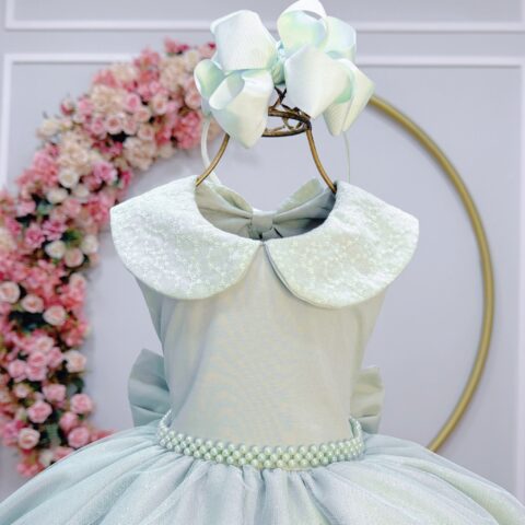 Vestido Infantil Luxo Festa Verde Menta com Glitter e Pérolas