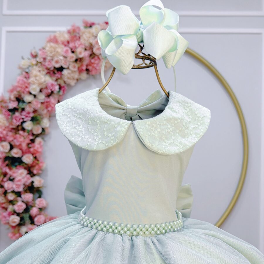 Vestido Infantil Festa Verde Menta Gola Boneca Glitter