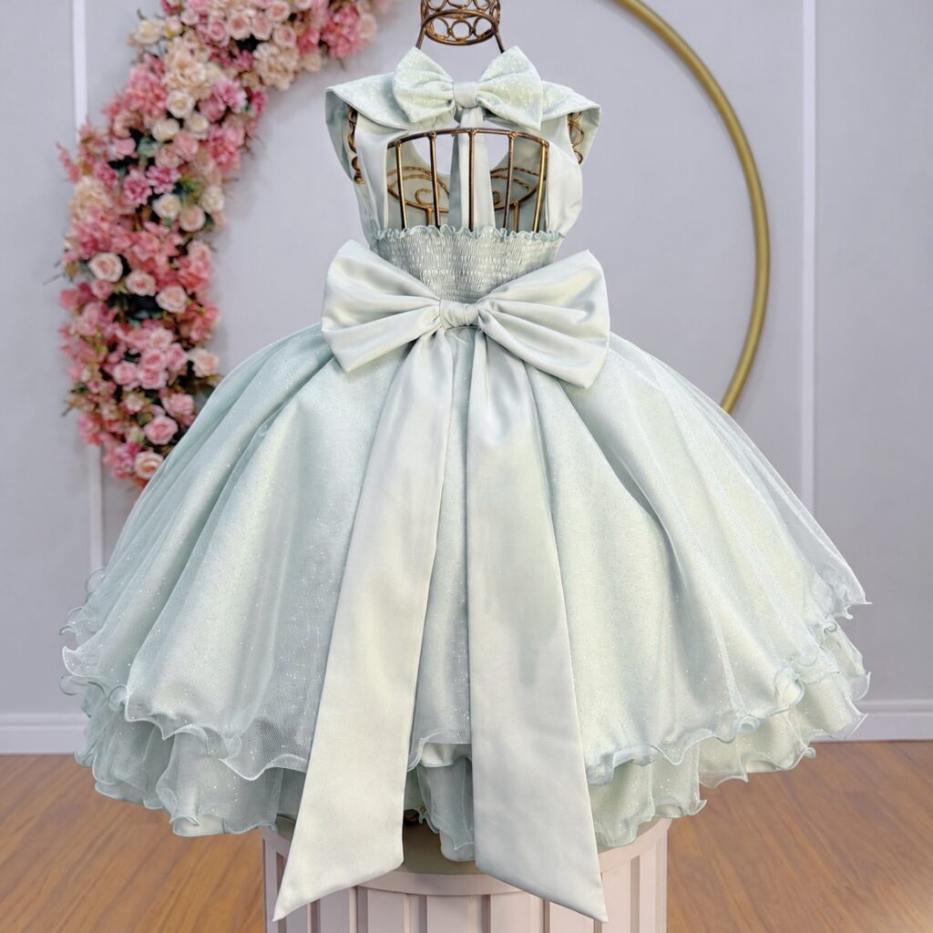 Vestido Infantil Festa Verde Menta Gola Boneca Glitter