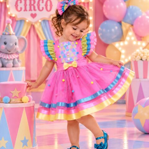Romper Vestido Infantil Circo Doceria Candy Rosa com Laço