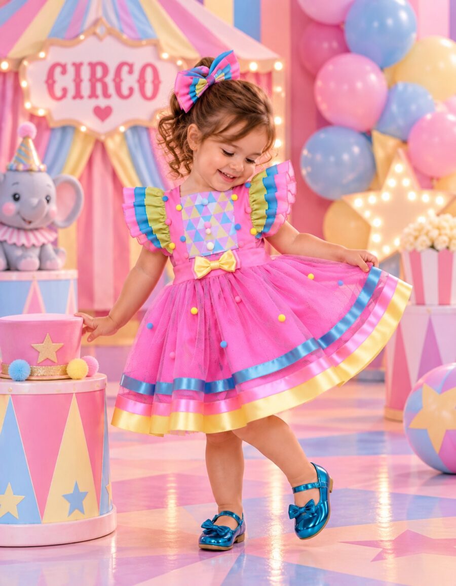 Romper Vestido Infantil Circo Doceria Candy Rosa com Laço