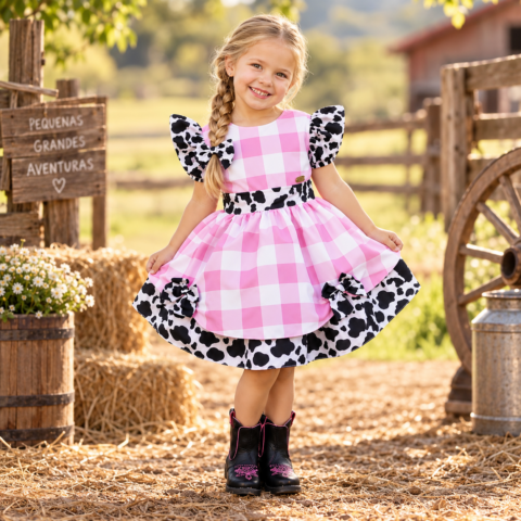 Vestido Infantil Xadrez Branco Rosa Fazendinha Vaquinha Laço