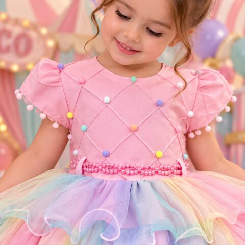 Vestido Infantil Arco-Íris Aurora Menina Bonita Candy Tule