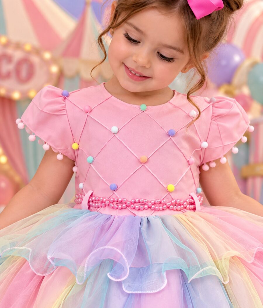 Vestido Infantil Arco-Íris Aurora Menina Bonita Candy Tule