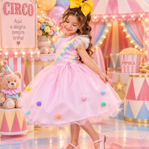 Vestido Infantil Temático Circo Candy Mini Miss Pompons