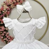 Vestido Infantil Branco Busto Nervura Pérolas Casamento