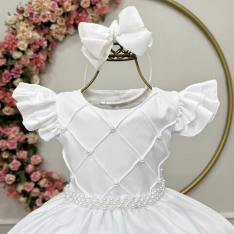 Vestido Infantil Branco Busto Nervura Pérolas Casamento