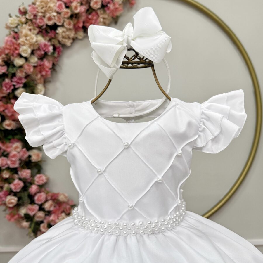 Vestido Infantil Branco Busto Nervura Pérolas Casamento