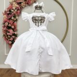 Vestido Infantil Branco Busto Nervura Pérolas Casamento