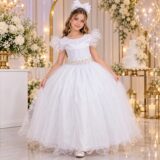Vestido Longo Amanda Marie Branco Tule e Cinto de Pérolas