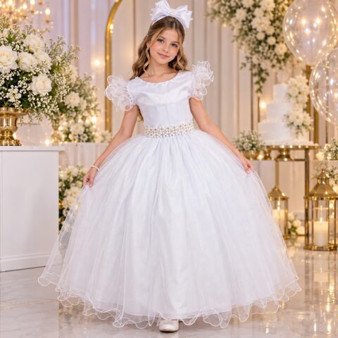 Vestido Longo Amanda Marie Branco Tule e Cinto de Pérolas