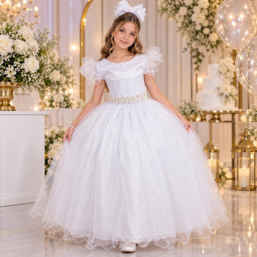 Vestido Longo Amanda Marie Branco Tule e Cinto de Pérolas