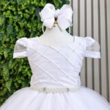 Vestido Infantil Branco Busto Nervura Tule e Poliéster
