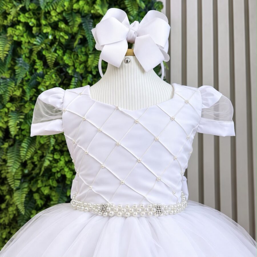 Vestido Infantil Branco Busto Nervura Tule e Poliéster