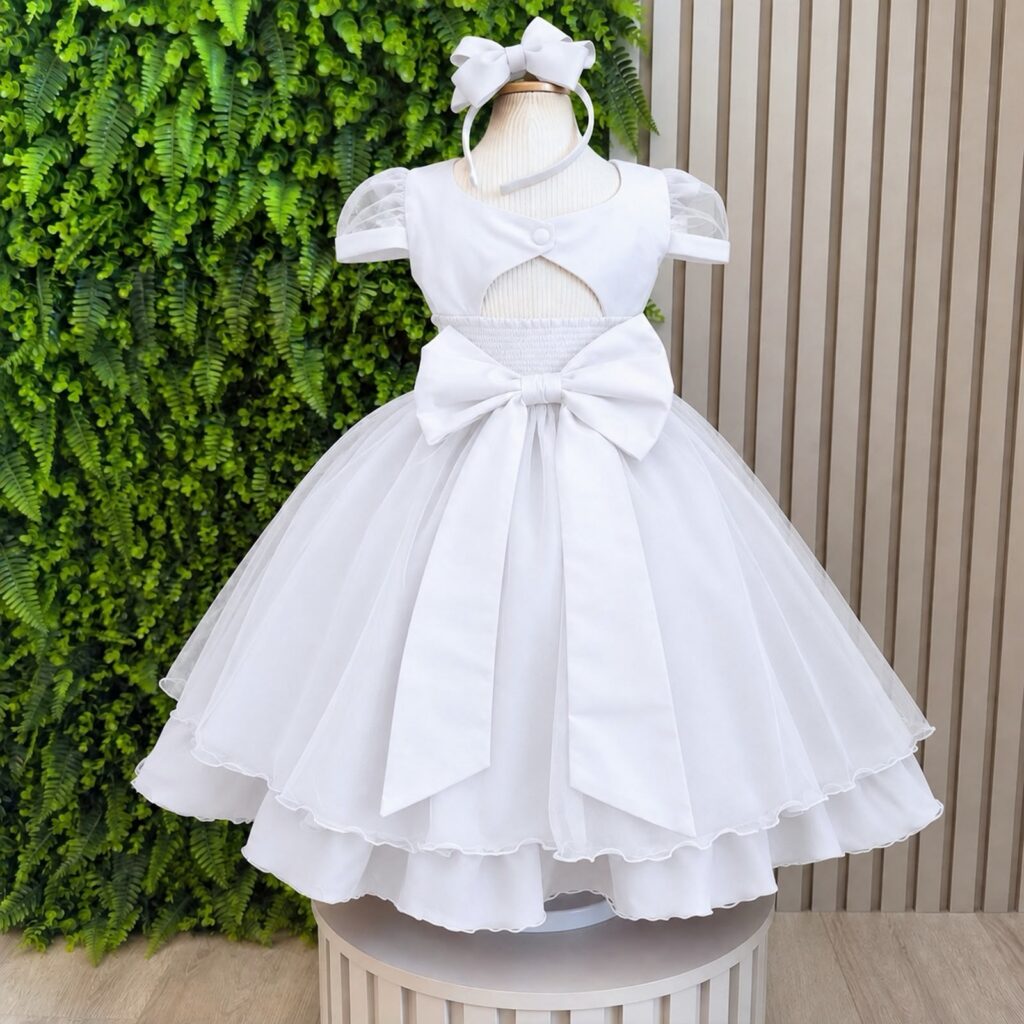 Vestido Infantil Branco Busto Nervura Tule e Poliéster