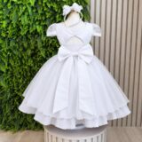 Vestido Infantil Branco Busto Nervura Tule e Poliéster