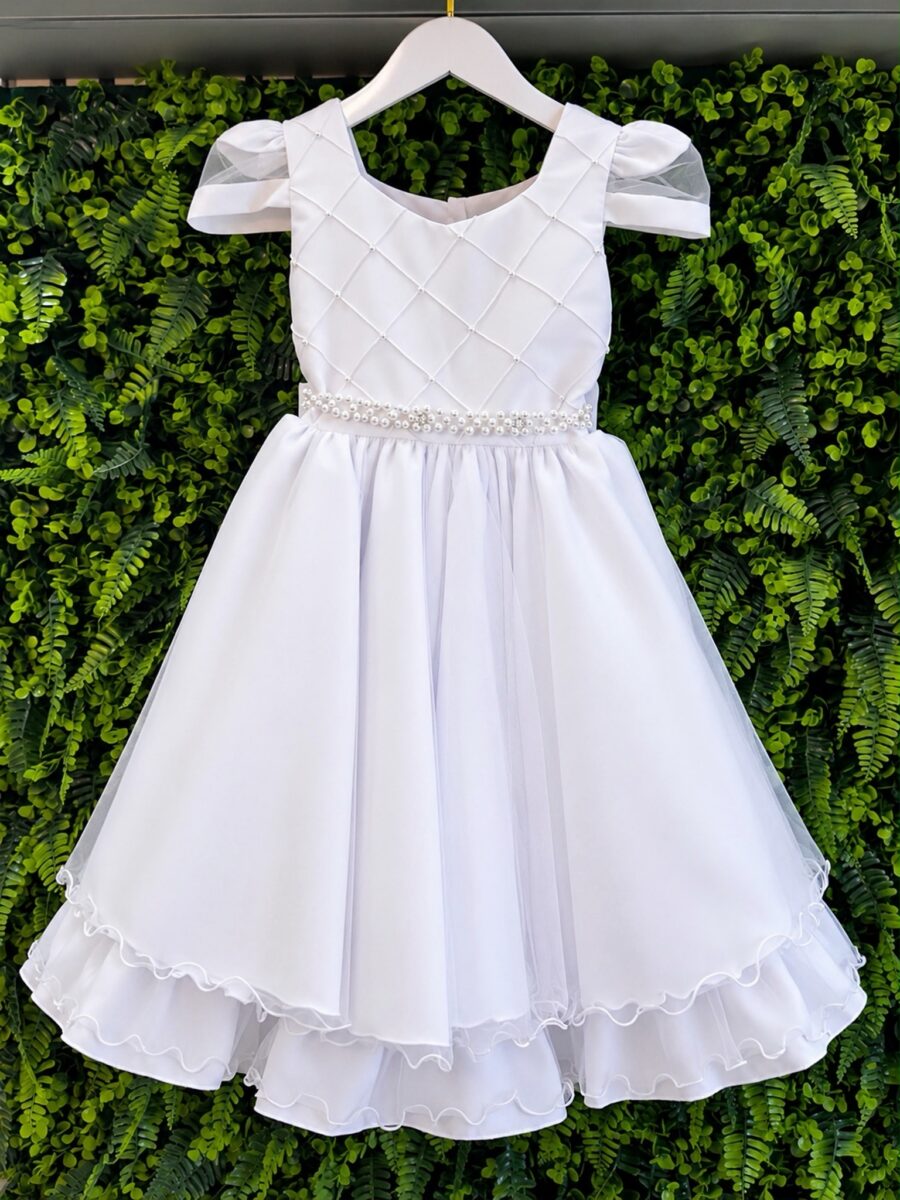 Vestido Infantil Branco Busto Nervura Tule e Poliéster
