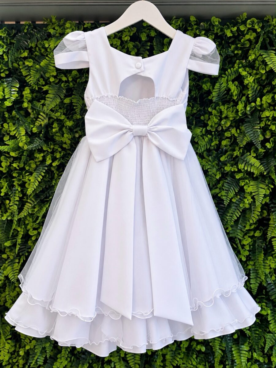 Vestido Infantil Branco Busto Nervura Tule e Poliéster