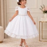 Vestido Infantil Branco Busto Nervura Tule e Poliéster