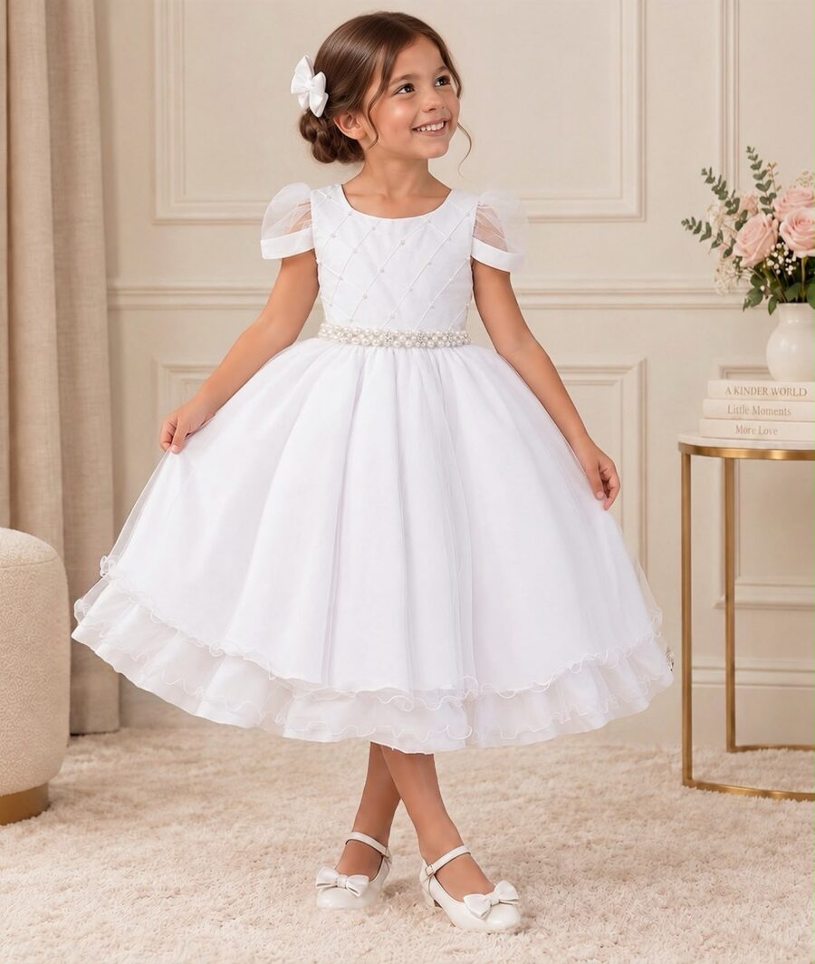 Vestido Infantil Branco Busto Nervura Tule e Poliéster