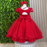 Vestido Infantil Vermelho Busto Nervura Tule e Poliéster