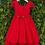 Vestido Infantil Vermelho Busto Nervura Tule e Poliéster