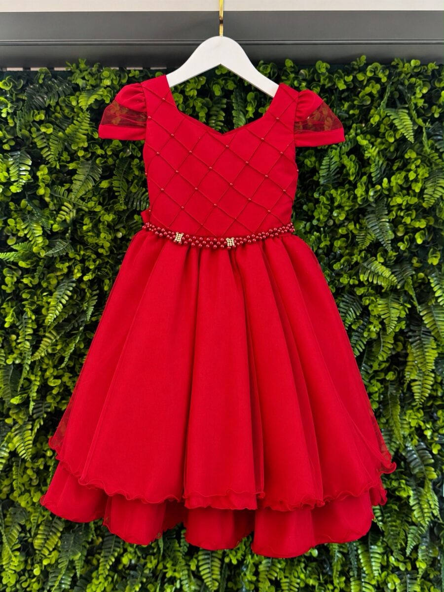 Vestido Infantil Vermelho Busto Nervura Tule e Poliéster