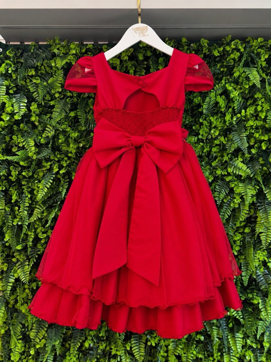 Vestido Infantil Vermelho Busto Nervura Tule e Poliéster