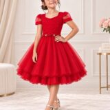 Vestido Infantil Vermelho Busto Nervura Tule e Poliéster