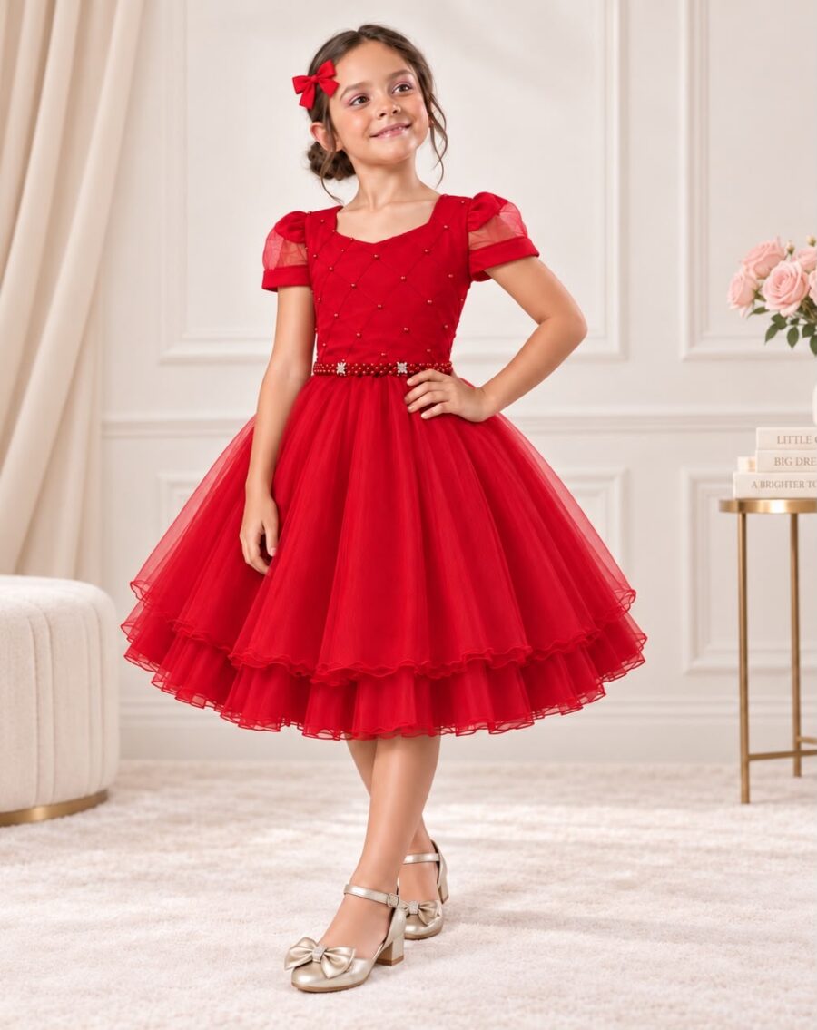 Vestido Infantil Vermelho Busto Nervura Tule e Poliéster