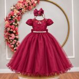 Vestido Infantil Dama Longo Marsala Tafetá Renda e Tule