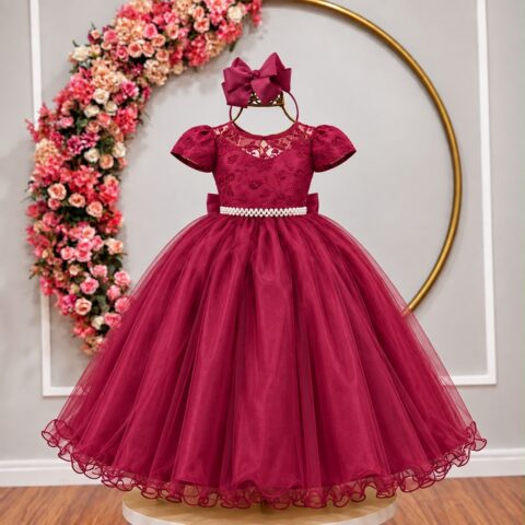 Vestido Infantil Dama Longo Marsala Tafetá Renda e Tule