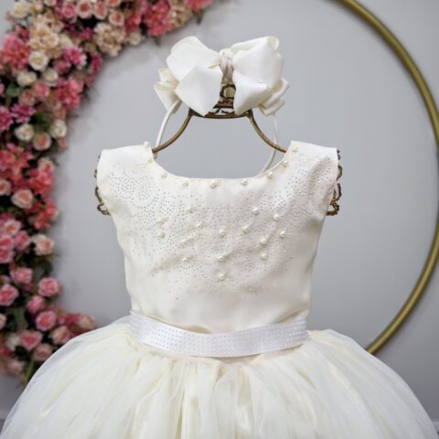 Vestido Infantil Dama de Honra Longo Marfim com Pérolas