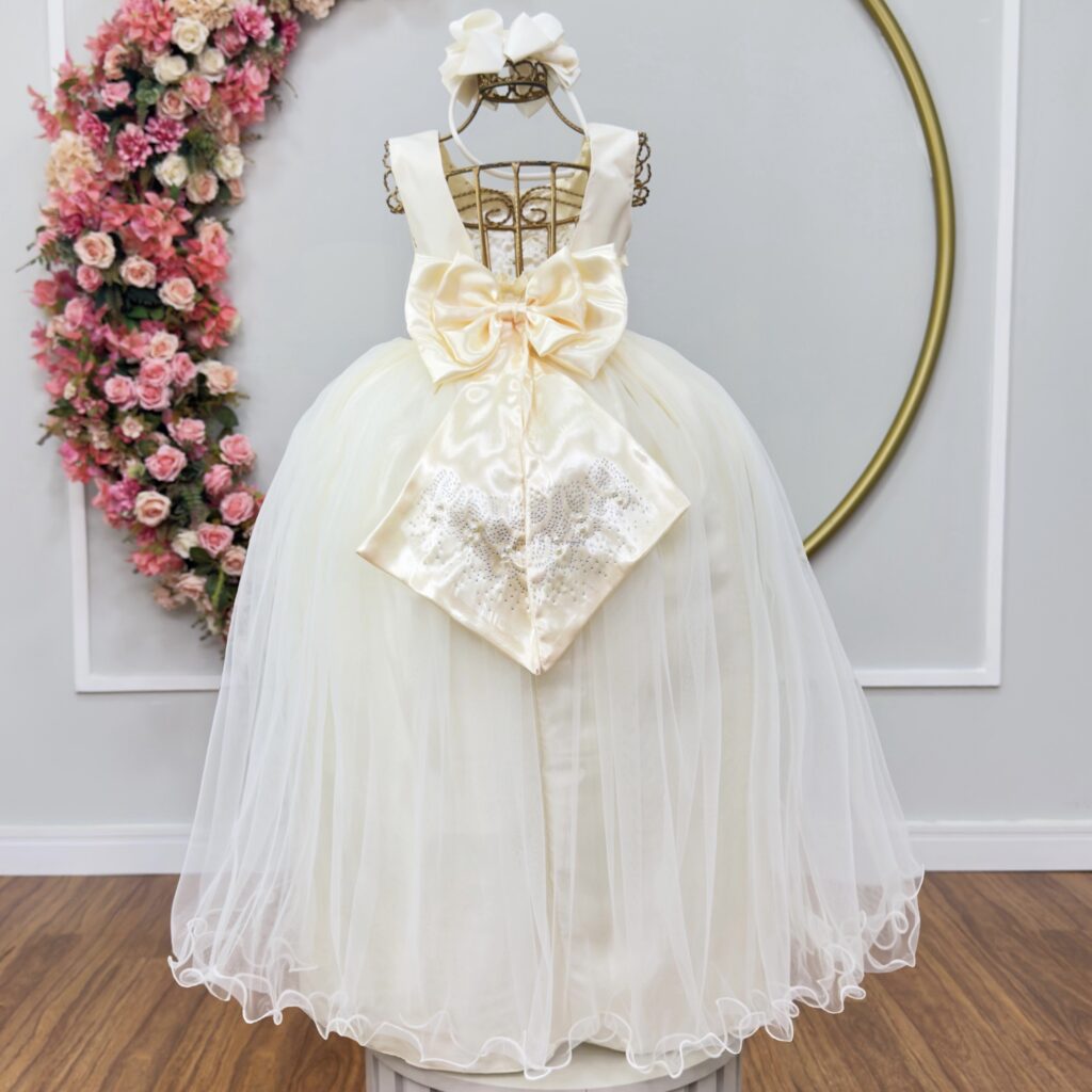 Vestido Infantil Dama de Honra Longo Marfim com Pérolas
