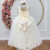 Vestido Infantil Dama de Honra Longo Marfim com Pérolas