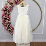 Vestido Infantil Dama de Honra Longo Marfim com Pérolas