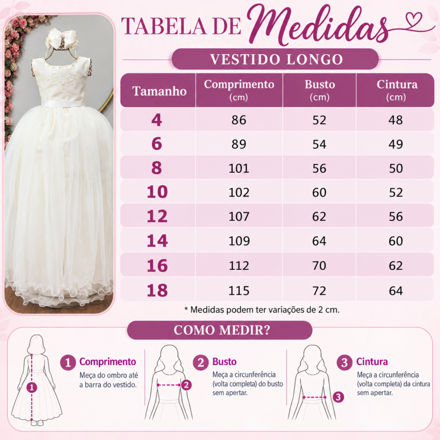 Vestido Infantil Dama de Honra Longo Marfim com Pérolas