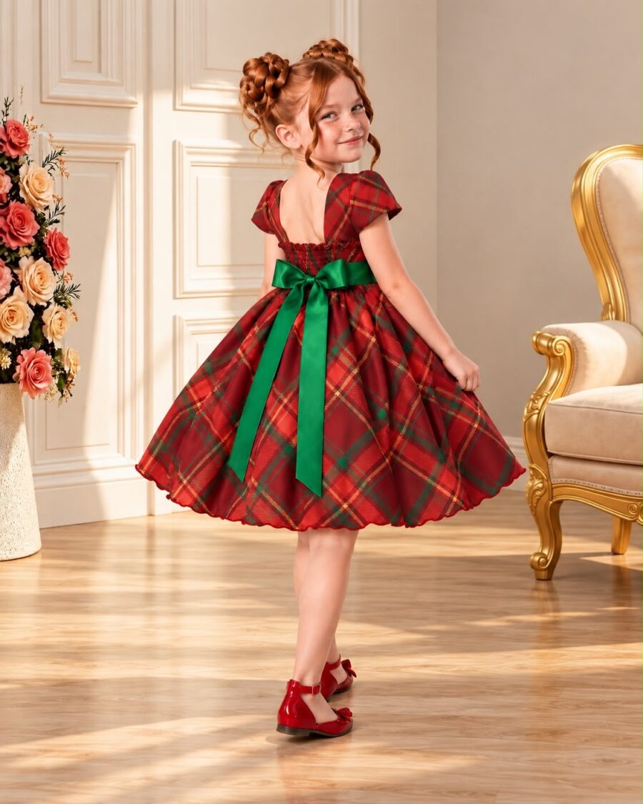 Vestido Infantil Vermelho com Xadrez Festa de Natal