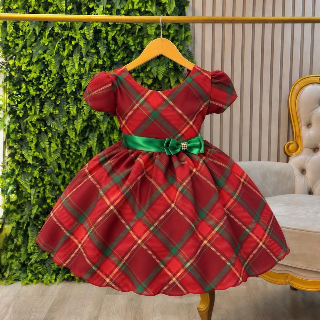 Vestido Infantil Vermelho com Xadrez Festa de Natal