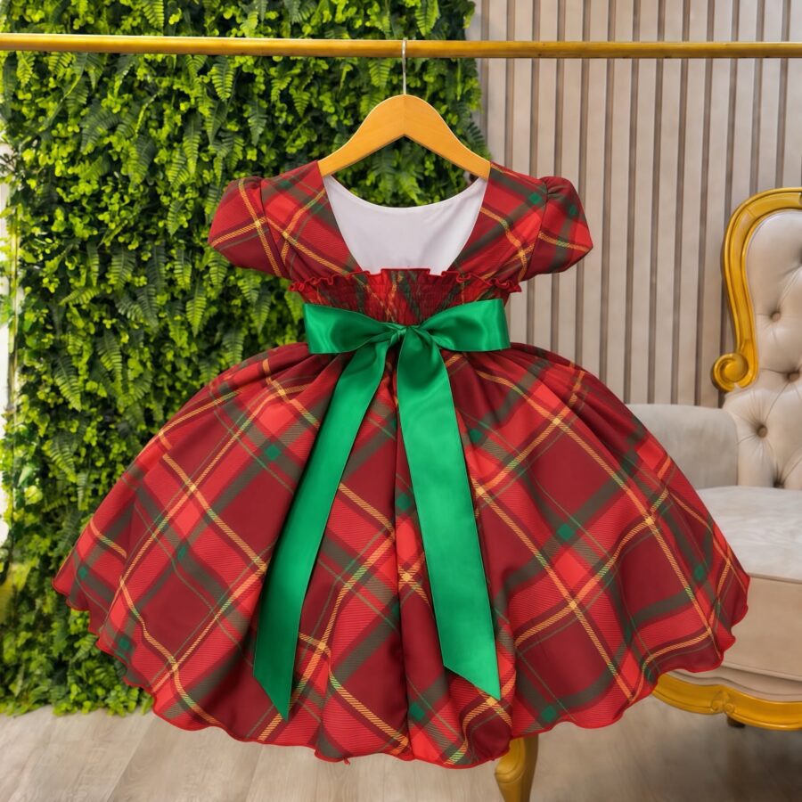 Vestido Infantil Vermelho com Xadrez Festa de Natal