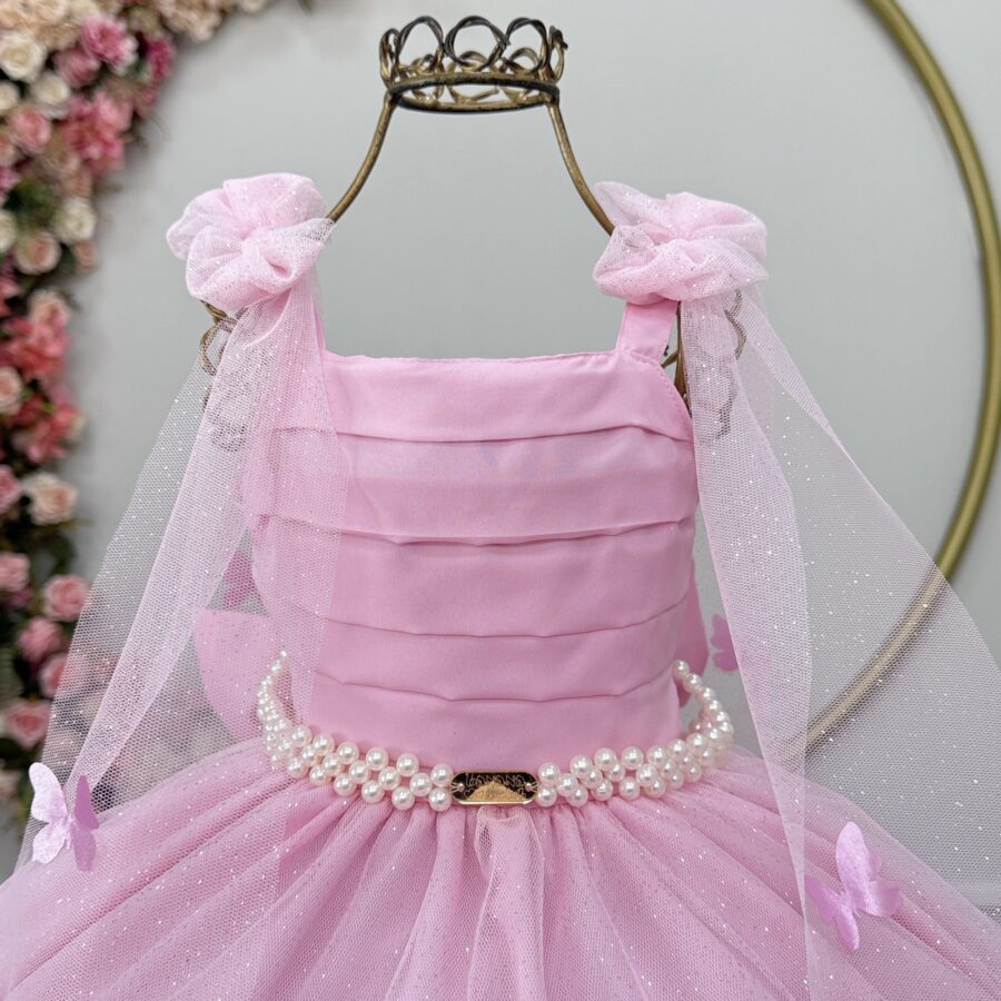Vestido Infantil Longo Rosa com Borboletas Dama Festa