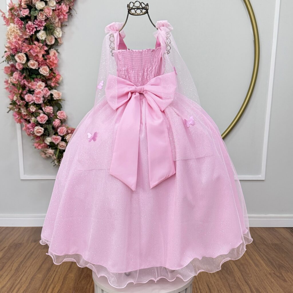 Vestido Infantil Longo Rosa com Borboletas Dama Festa