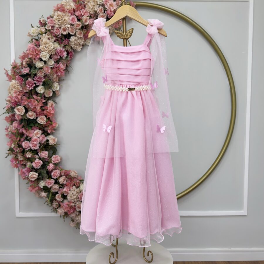 Vestido Infantil Longo Rosa com Borboletas Dama Festa