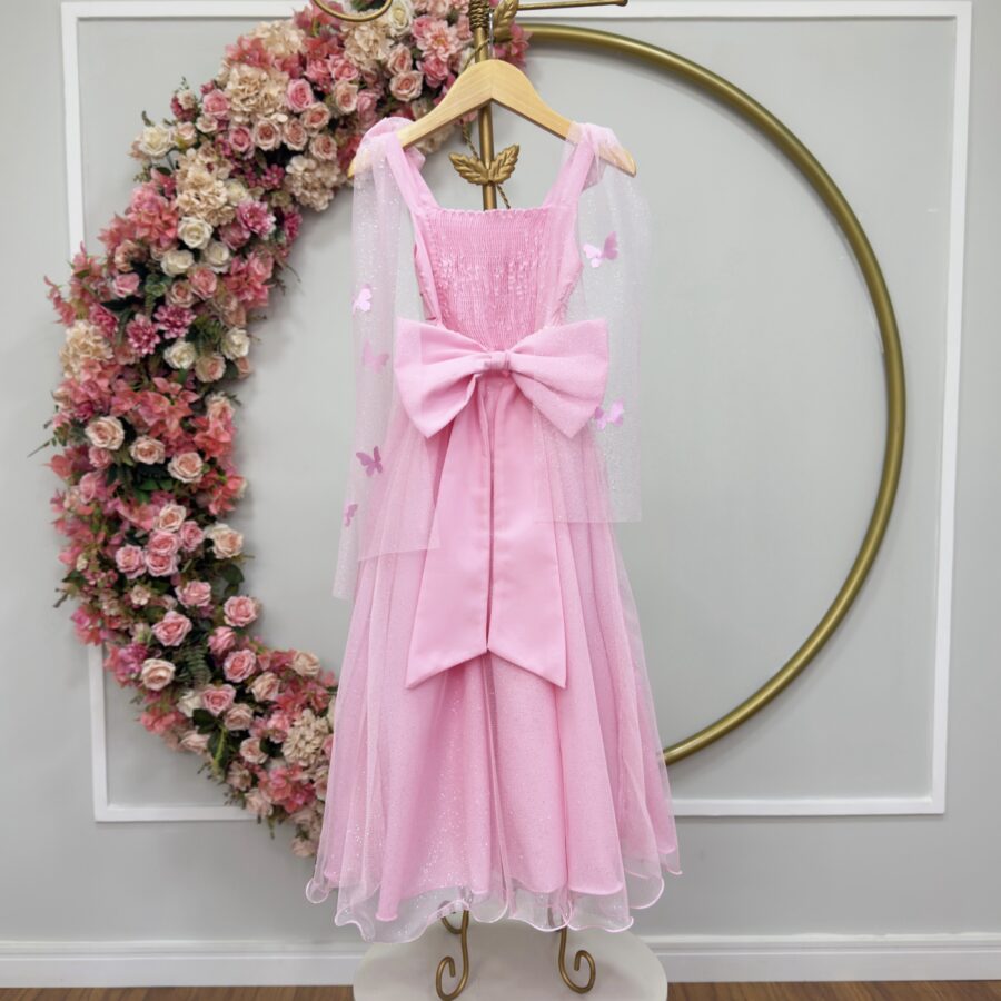 Vestido Infantil Longo Rosa com Borboletas Dama Festa